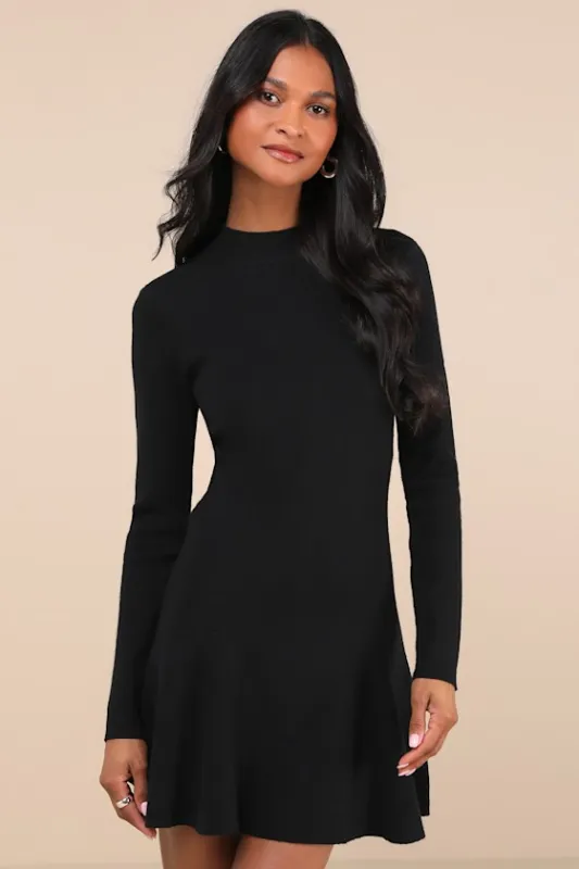 Adorable Intentions Black Mock Neck A-Line Mini Sweater Dress sold by Lulus