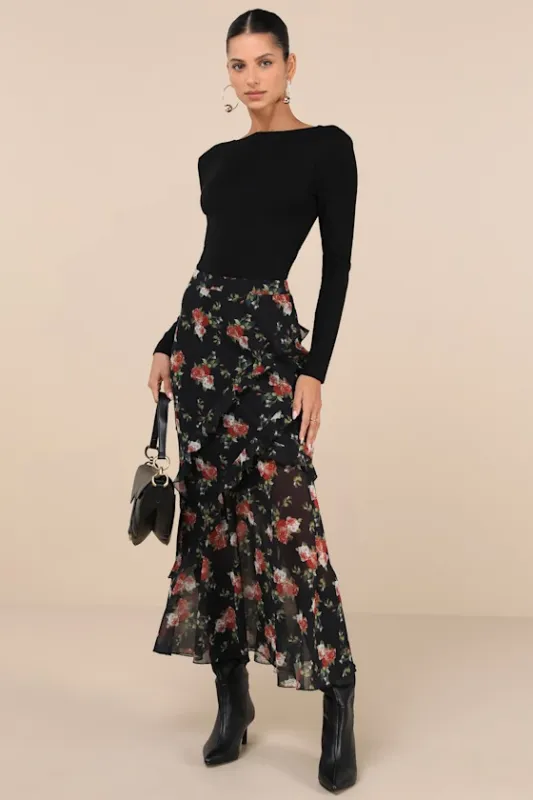 Marvelously Charming Black Floral Ruffled High-Rise Maxi Skirt sold by Lulus