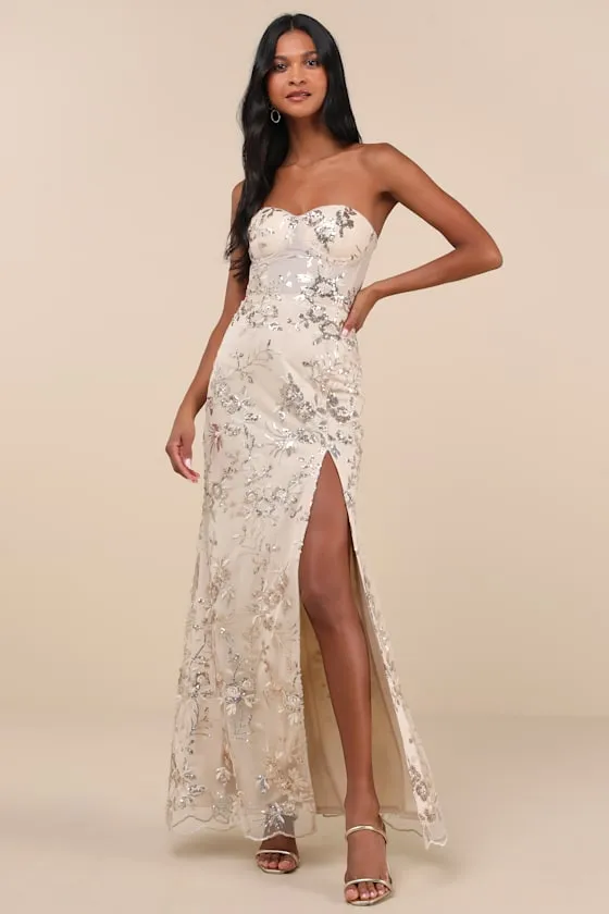 Confident Sensation Gold Sequin Strapless Bustier Maxi Dress sold by Lulus