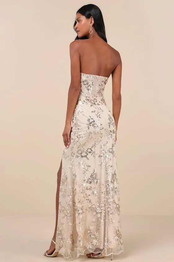 Confident Sensation Gold Sequin Strapless Bustier Maxi Dress sold by Lulus product image thumbnail 2