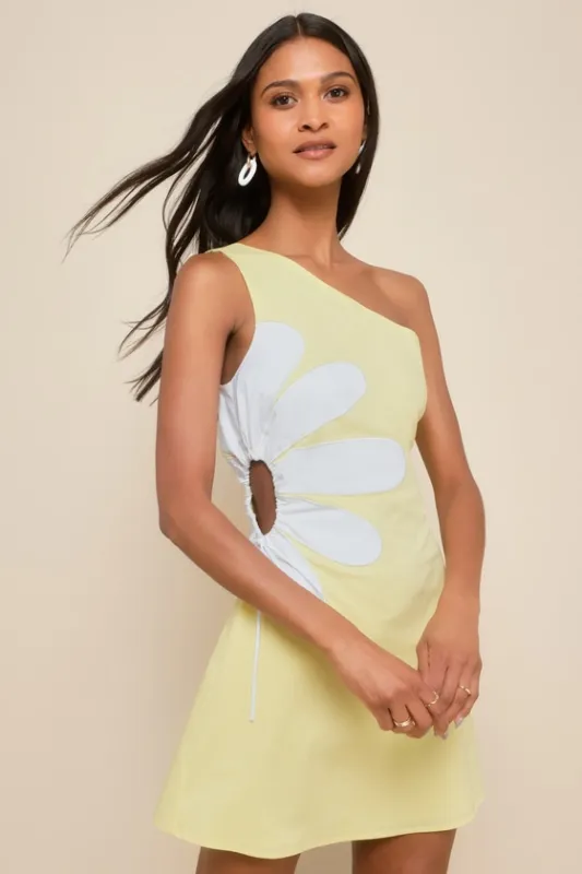 Sunny Design Yellow Cutout Flower One-Shoulder Mini Dress sold by Lulus