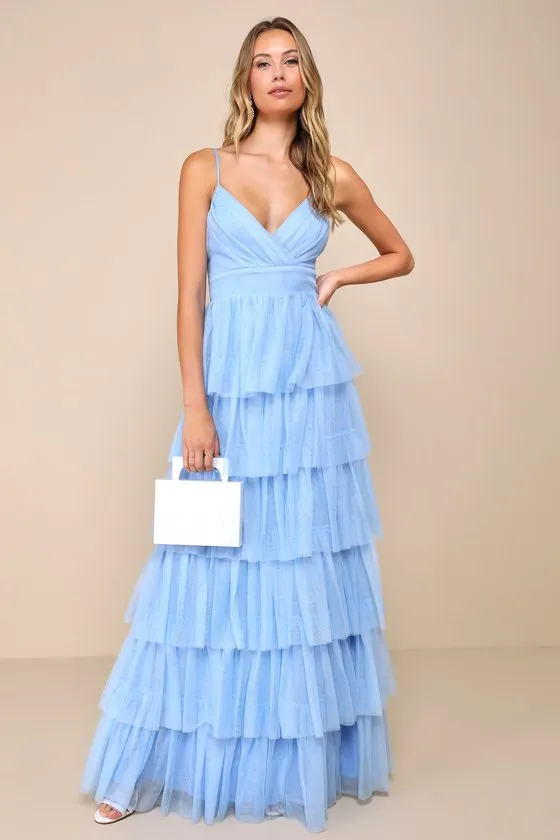 Rule the Runway Light Blue Tulle Surplice Tiered Maxi Dress sold by Lulus