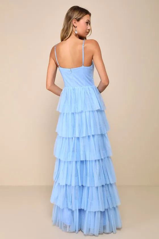 Rule the Runway Light Blue Tulle Surplice Tiered Maxi Dress sold by Lulus product image thumbnail 2