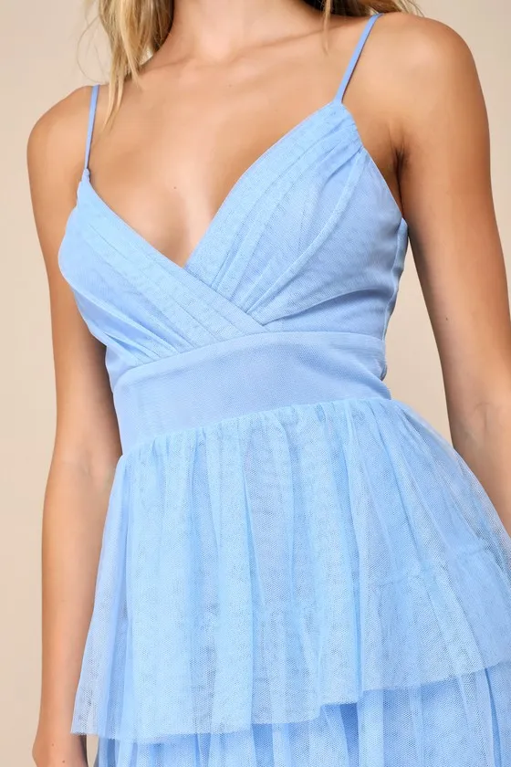 Rule the Runway Light Blue Tulle Surplice Tiered Maxi Dress sold by Lulus product image thumbnail 3