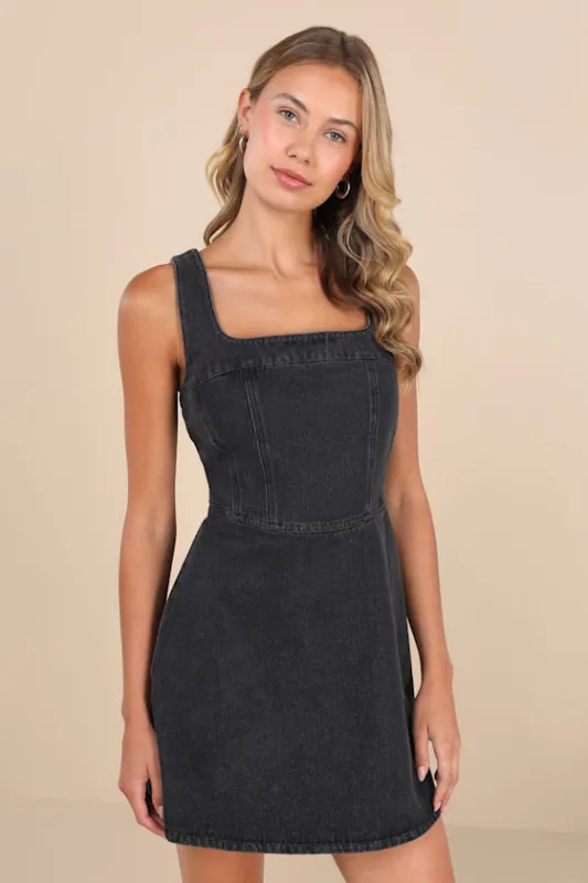 So Delighted Washed Black Denim Corset Seam Mini Dress sold by Lulus
