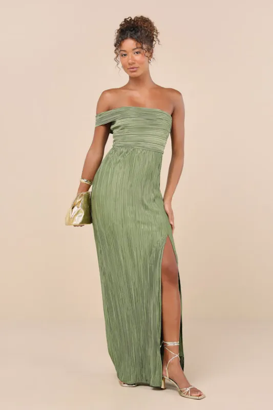 Poised Performance Olive Green Plisse One-Shoulder Maxi Dress sold by Lulus