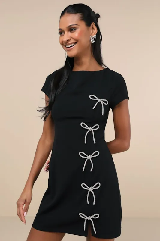 Endearing Sparkle Black Rhinestone Bow Mini Dress sold by Lulus