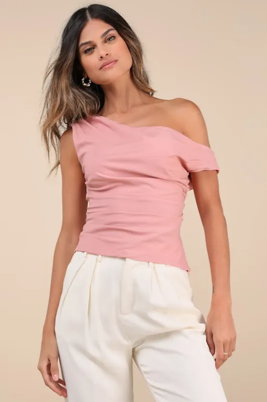 Charming Influence Dusty Rose Ruched Asymmetrical Top sold by Lulus