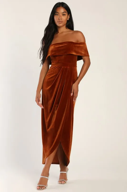 I'm Enchanted Rust Orange Velvet Off-the-Shoulder Maxi Dress sold by Lulus