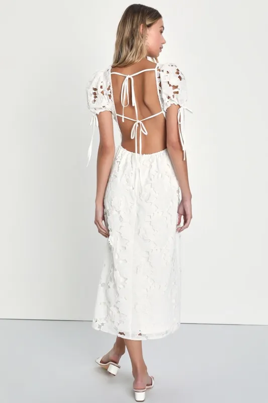 Flourishing Blossoms White 3D Floral Backless Midi Dress sold by Lulus