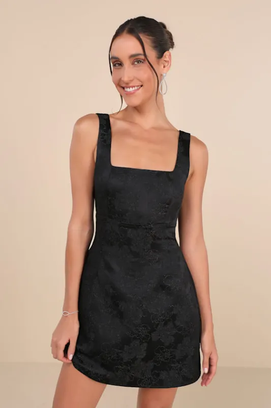 Perfectly Flirtatious Black Floral Jacquard Tie-Back Mini Dress sold by Lulus