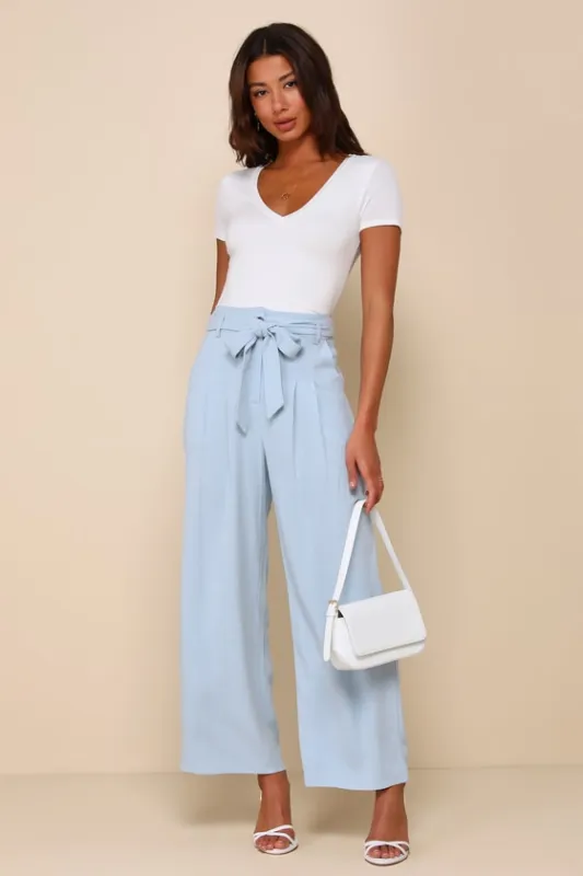Trend Alert Light Blue Belted High-Waisted Wide-Leg Pants sold by Lulus