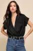 Posh Precision Black Satin Surplice Short Sleeve Bodysuit sold by Lulus