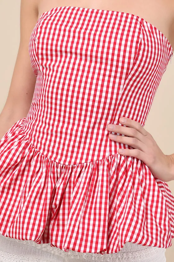 Damaria Red Gingham Strapless Peplum Top sold by Lulus product image thumbnail 4