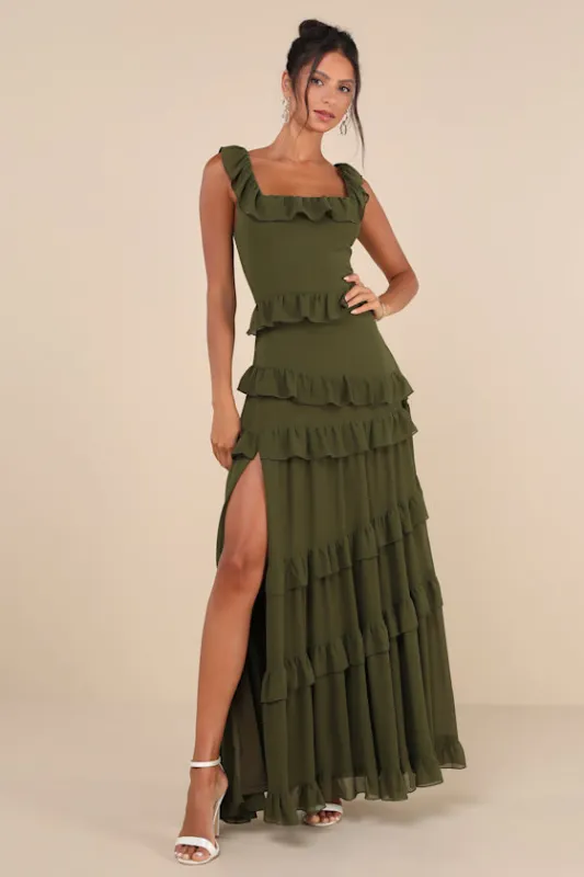Compelling Romantic Olive Green Ruffled Tiered Maxi Dress sold by Lulus