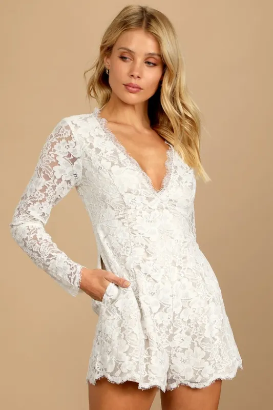 Express Your Love White Lace Long Sleeve Romper sold by Lulus