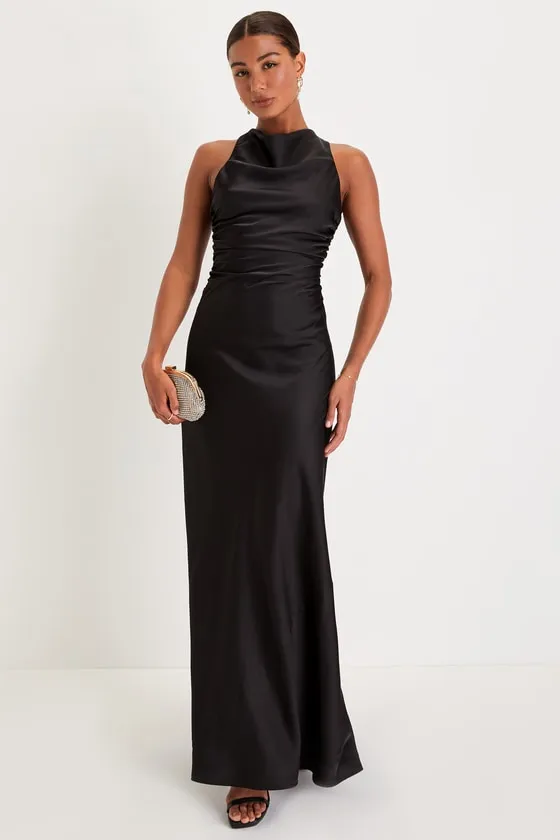 Effortlessly Sensational Black Satin Backless Maxi Dress sold by Lulus