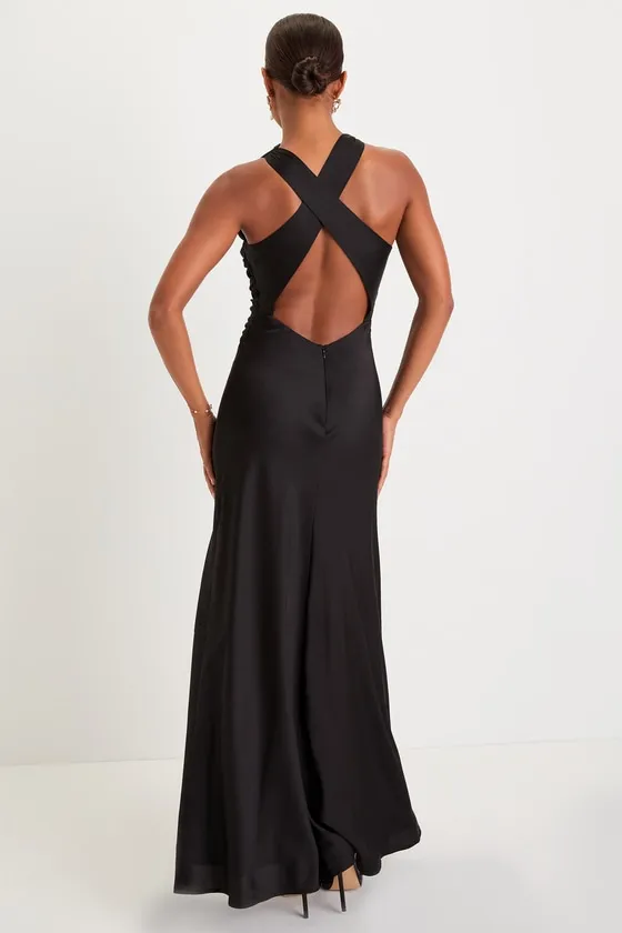 Effortlessly Sensational Black Satin Backless Maxi Dress sold by Lulus product image thumbnail 2