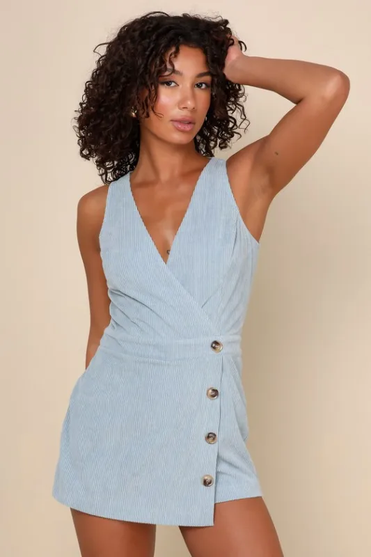 Cute Mindset Light Blue Corduroy Faux-Wrap Skort Romper sold by Lulus