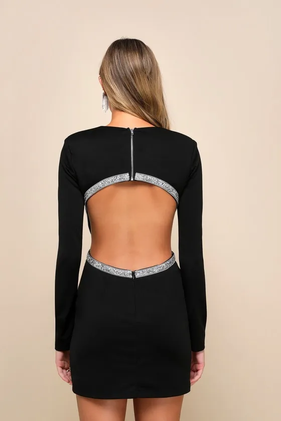 Sparkling Stunner Black Rhinestone Cutout Long Sleeve Mini Dress sold by Lulus product image thumbnail 3