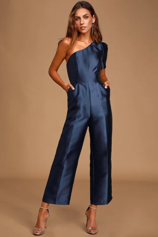 Divine Dream Navy Blue Satin One-Shoulder Culotte Jumpsuit sold by Lulus