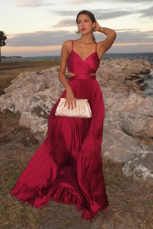 Got the Glam Wine Red Pleated Cutout Maxi Dress sold by Lulus