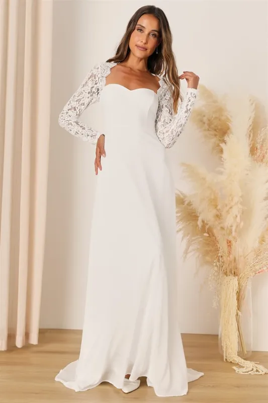 Promised Forever White Lace Long Sleeve Backless Maxi Dress sold by Lulus