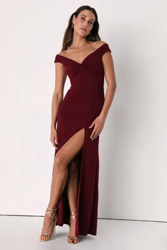 Behold My Love Burgundy Off-The-Shoulder Twist-Front Maxi Dress sold by Lulus