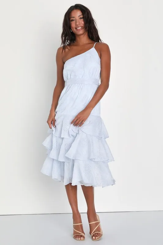 Gorgeous Impression Blue Embroidered One-Shoulder Midi Dress sold by Lulus