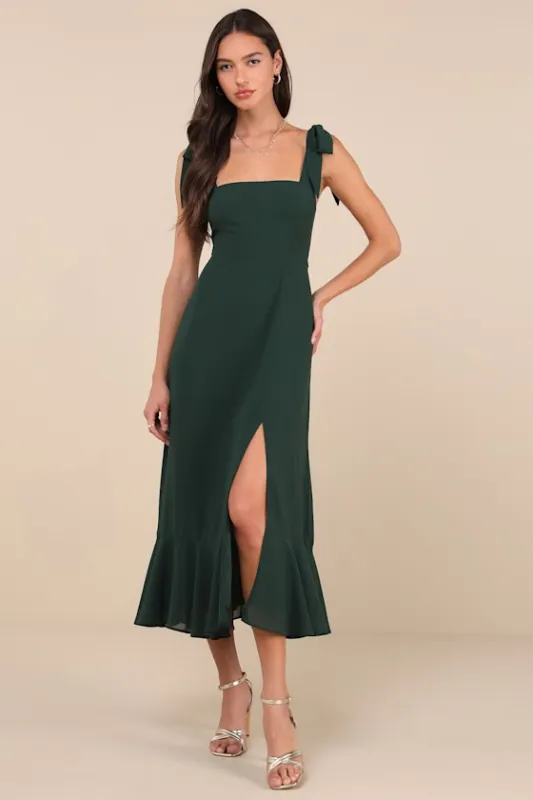 Summer Invite Emerald Green Tie-Strap Tiered Midi Dress sold by Lulus