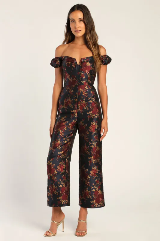 New Glam Midnight Blue Floral Jacquard Off-the-Shoulder Jumpsuit sold by Lulus