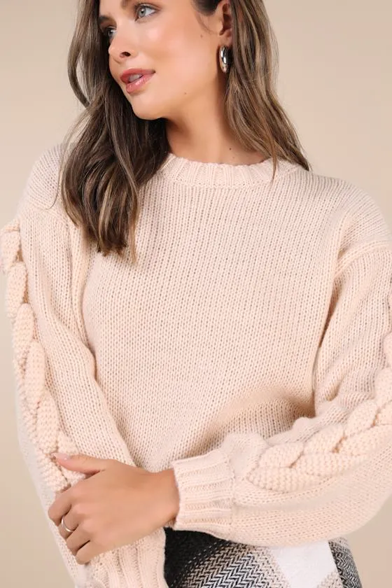 Playful Comfort Cream Cable Knit Crew Neck Pullover Sweater sold by Lulus