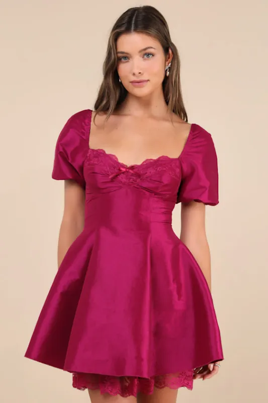 Enchanting Presence Magenta Taffeta Lace Puff Sleeve Mini Dress sold by Lulus