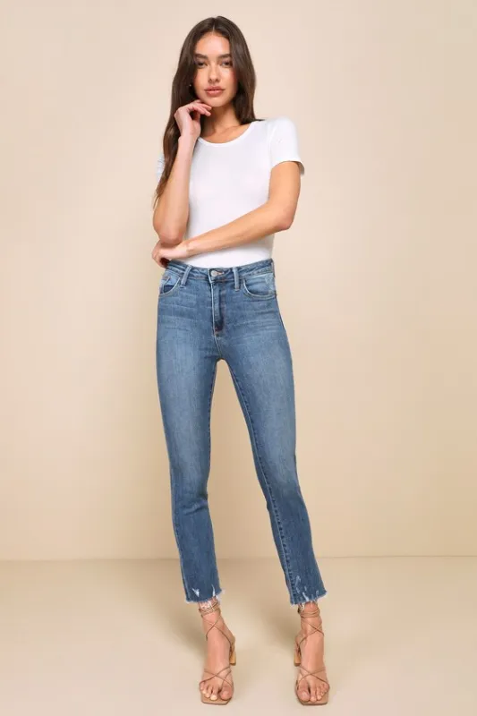 Trend Takeover Medium Wash Denim Raw Hem Straight Jeans sold by Lulus