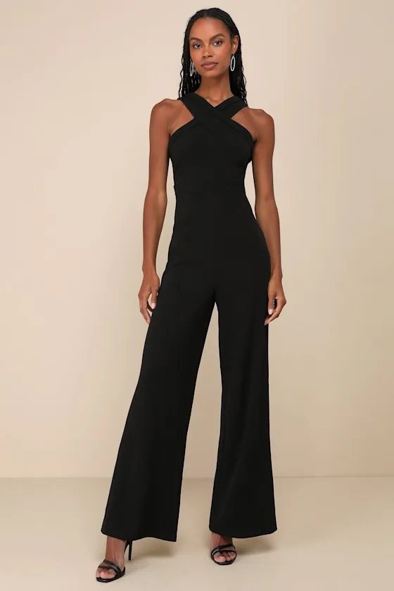 Criss-Cross Your Mind Black Cross-Front Wide-Leg Jumpsuit sold by Lulus