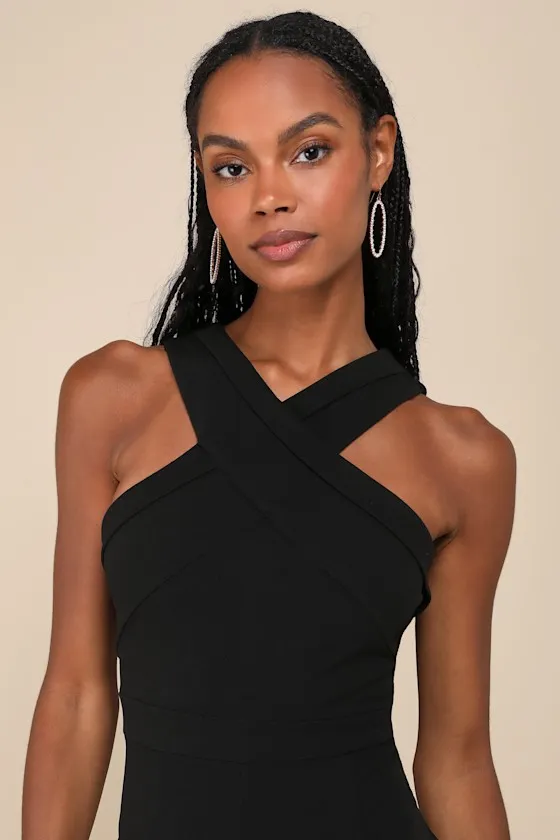 Criss-Cross Your Mind Black Cross-Front Wide-Leg Jumpsuit sold by Lulus product image thumbnail 4