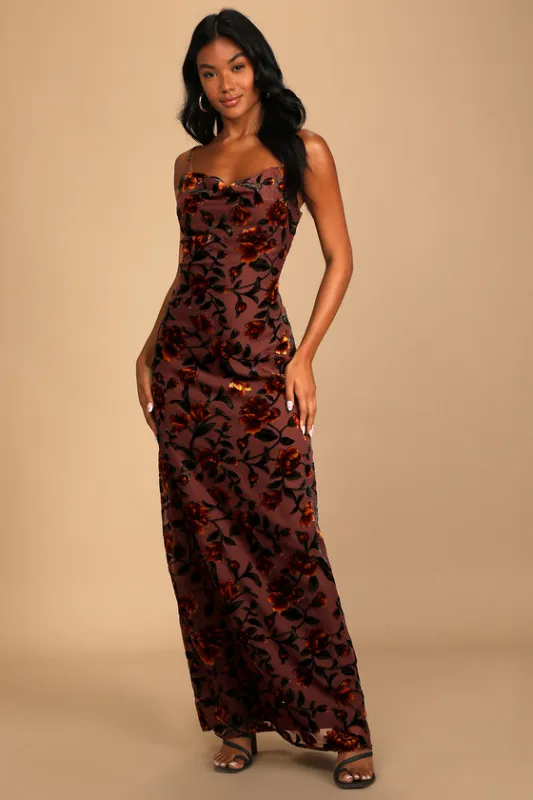 Romance in the Making Plum Purple Floral Print Velvet Maxi Dress sold by Lulus