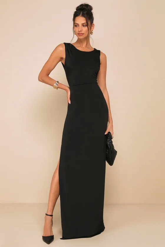 Significant Allure Black Slinky Knit Ruched Maxi Dress sold by Lulus