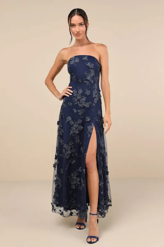 Rare Presence Navy Blue 3D Floral Embroidered Maxi Dress sold by Lulus