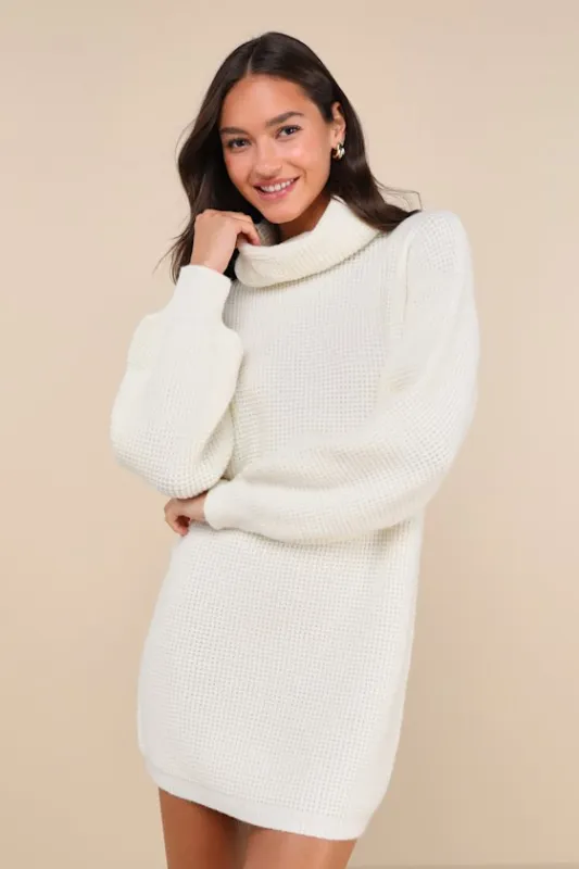 Casual Coziness Ivory Waffle Knit Cowl Neck Sweater Dress sold by Lulus