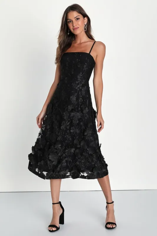 Glamour Garden Black 3D Floral Embroidered Midi Dress sold by Lulus