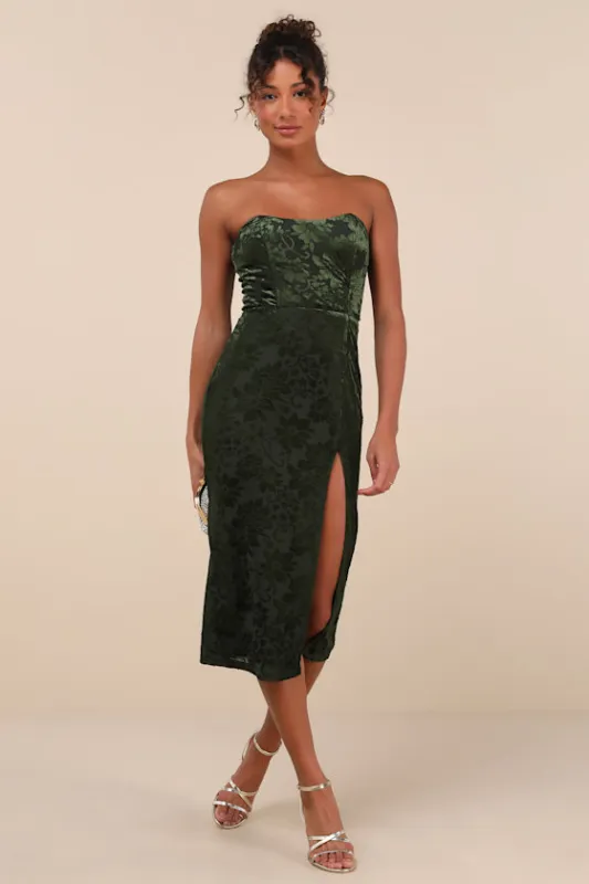 Enchantingly Chic Dark Green Velvet Burnout Strapless Midi Dress sold by Lulus