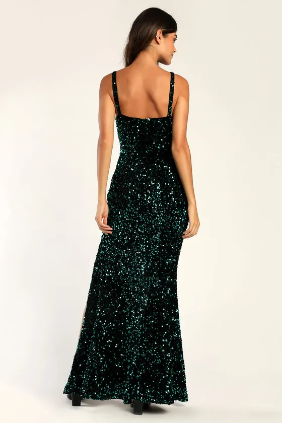 All Night Shine Emerald Green Sequin Velvet Maxi Dress sold by Lulus product image thumbnail 4