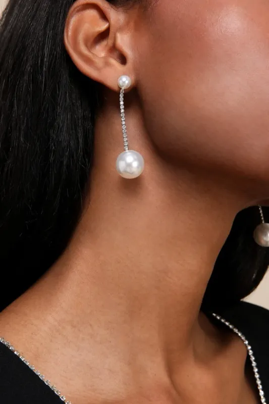 Stunning Design Silver Pearl Rhinestone Drop Earrings sold by Lulus