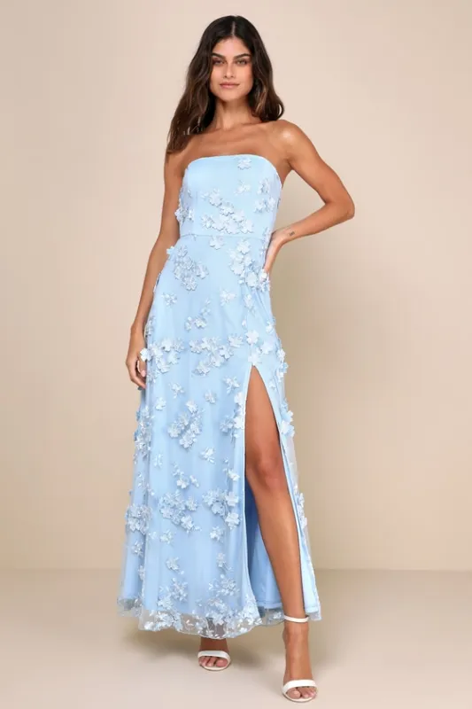 Rare Presence Powder Blue 3D Floral Embroidered Maxi Dress sold by Lulus