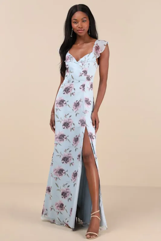 Sweetest Entrance Light Blue Floral Ruffled Tie-Back Maxi Dress sold by Lulus