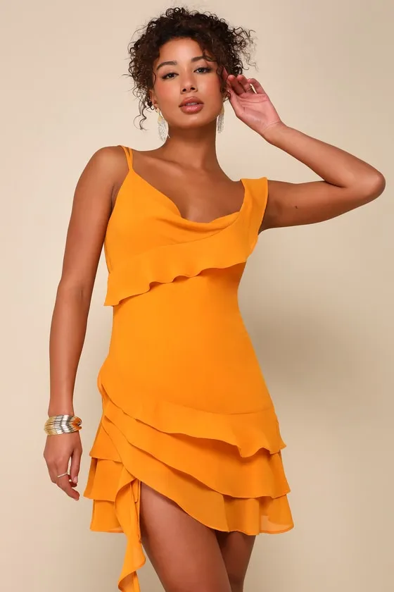 Alluring Presence Golden Yellow Ruffled Tiered Mini Dress sold by Lulus
