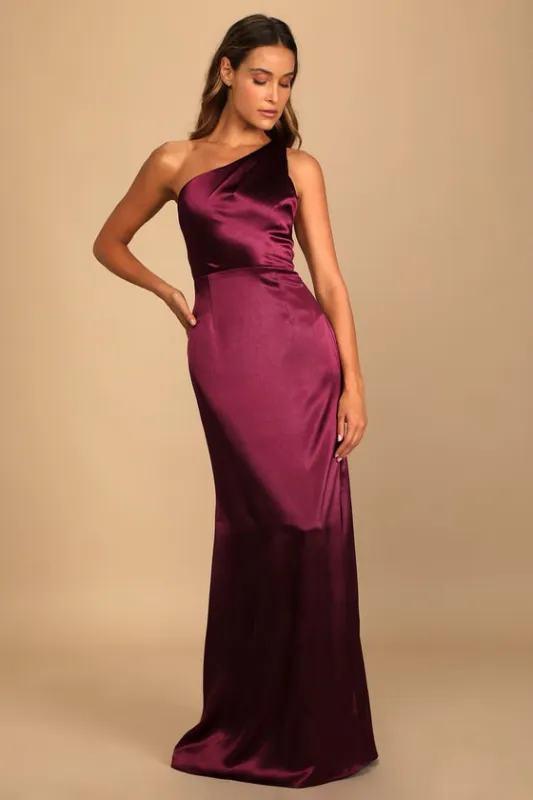 On the Guest List Burgundy Satin One-Shoulder Maxi Dress made by Lulus