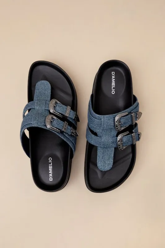 Nyra Blue Jean Denim Thong Buckle Flatform Sandals sold by Lulus