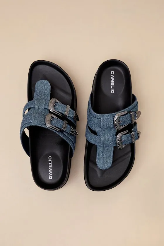 Nyra Blue Jean Denim Thong Buckle Flatform Sandals sold by Lulus